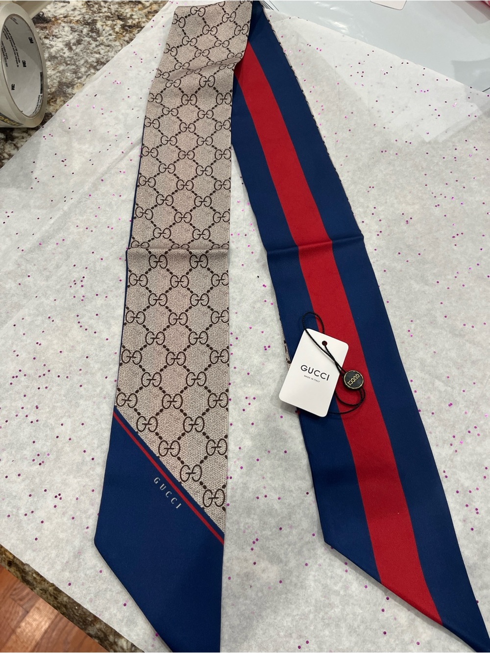 Gucci Blue & Red Stripe Silk Tie with Beige GG Monogram